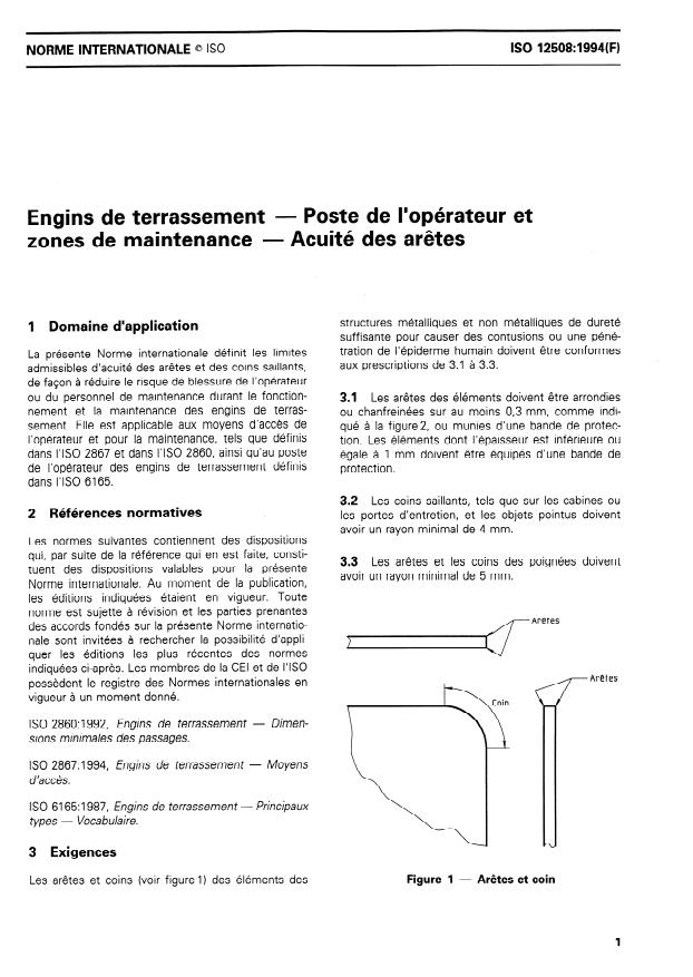 ISO 12508:1994 - Engins de terrassement -- Poste de l'opérateur et zones de maintenance -- Acuité des aretes