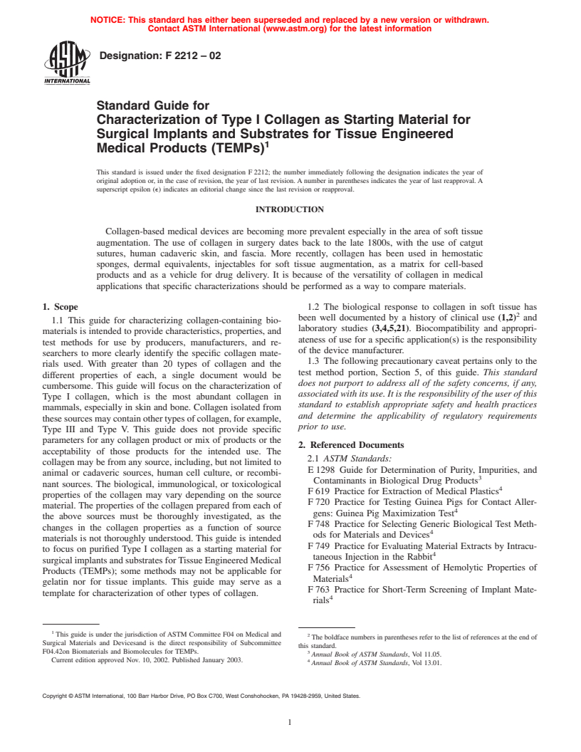 ASTM F2212-02 - Standard Guide for Characterization of Type I Collagen as a Starting Material for Surgical Implants and Substrates for Tissue Engineered Medical Products (TEMPs)