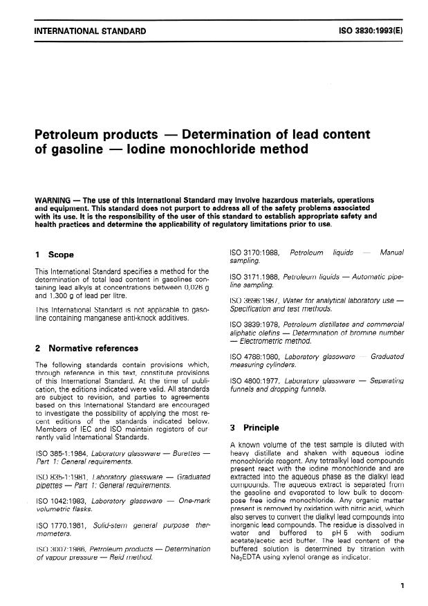 ISO 3830:1993 - Petroleum products -- Determination of lead content of gasoline -- Iodine monochloride method