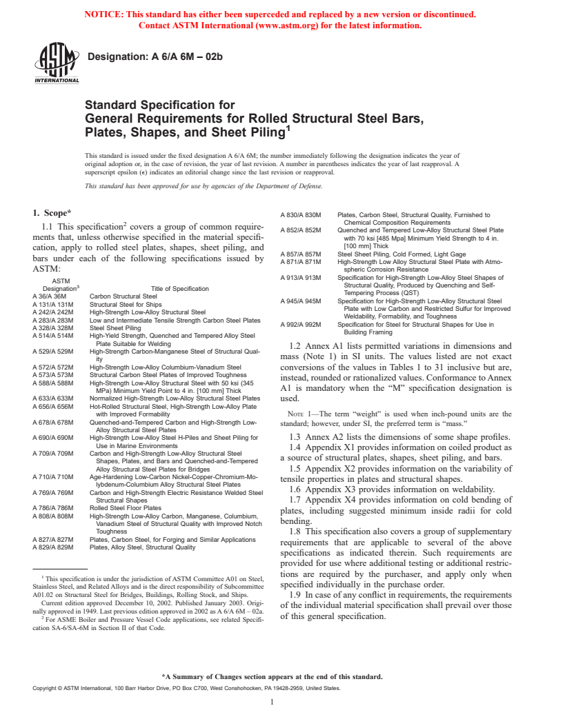 ASTM A6/A6M-02b - Standard Specification for General Requirements for Rolled Structural Steel Bars, Plates, Shapes, and Sheet Piling