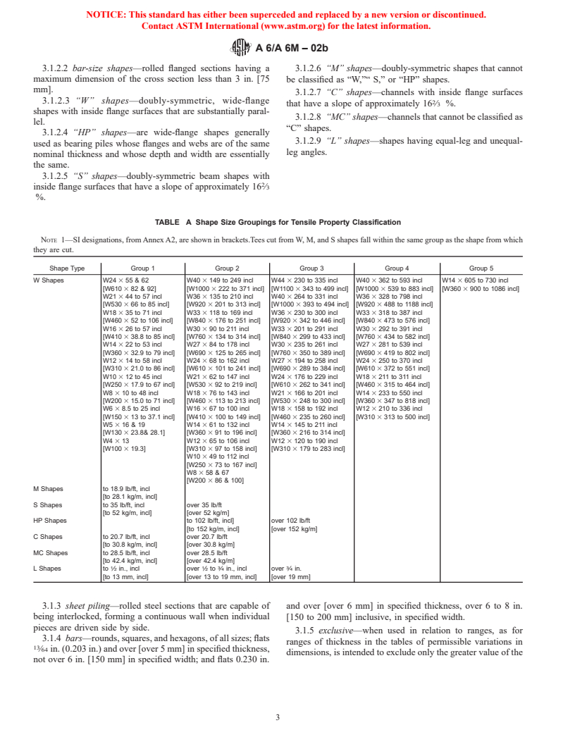 ASTM A6/A6M-02b - Standard Specification for General Requirements for Rolled Structural Steel Bars, Plates, Shapes, and Sheet Piling