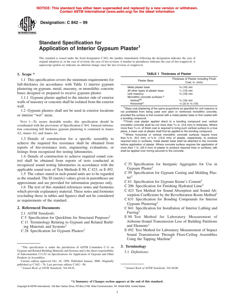 ASTM C842-99 - Standard Specification for Application of Interior Gypsum Plaster