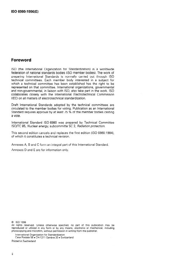 ISO 6980:1996 ISO 6980:1996 - Reference beta radiations for calibrating dosemeters and dose-rate meters and for determining their response as a function of beta-radiation energy - Page 2 preview