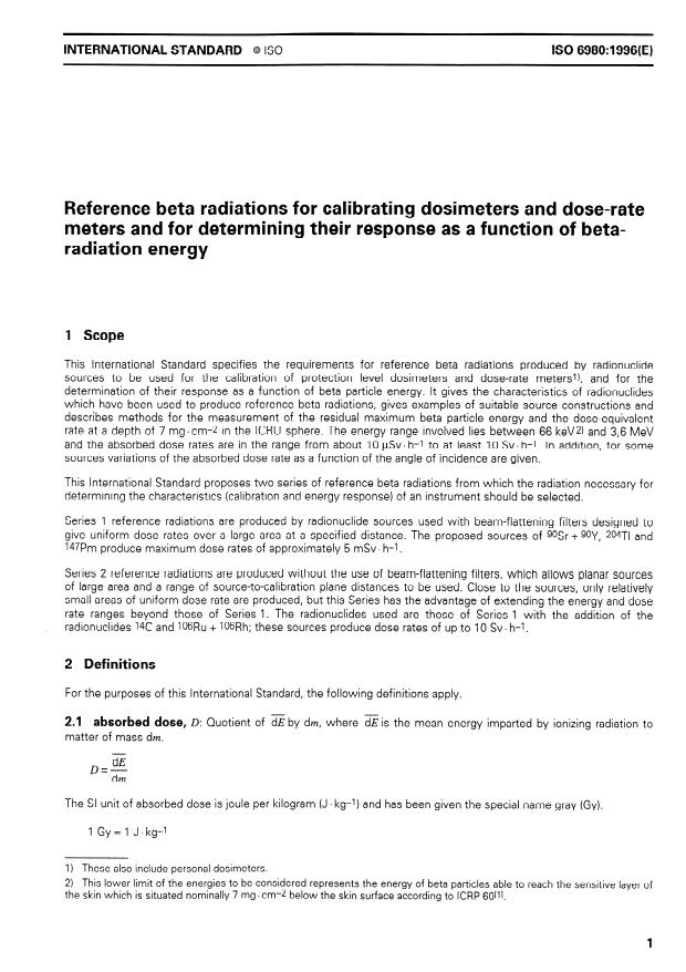 ISO 6980:1996 - Reference beta radiations for calibrating dosemeters and dose-rate meters and for determining their response as a function of beta-radiation energy