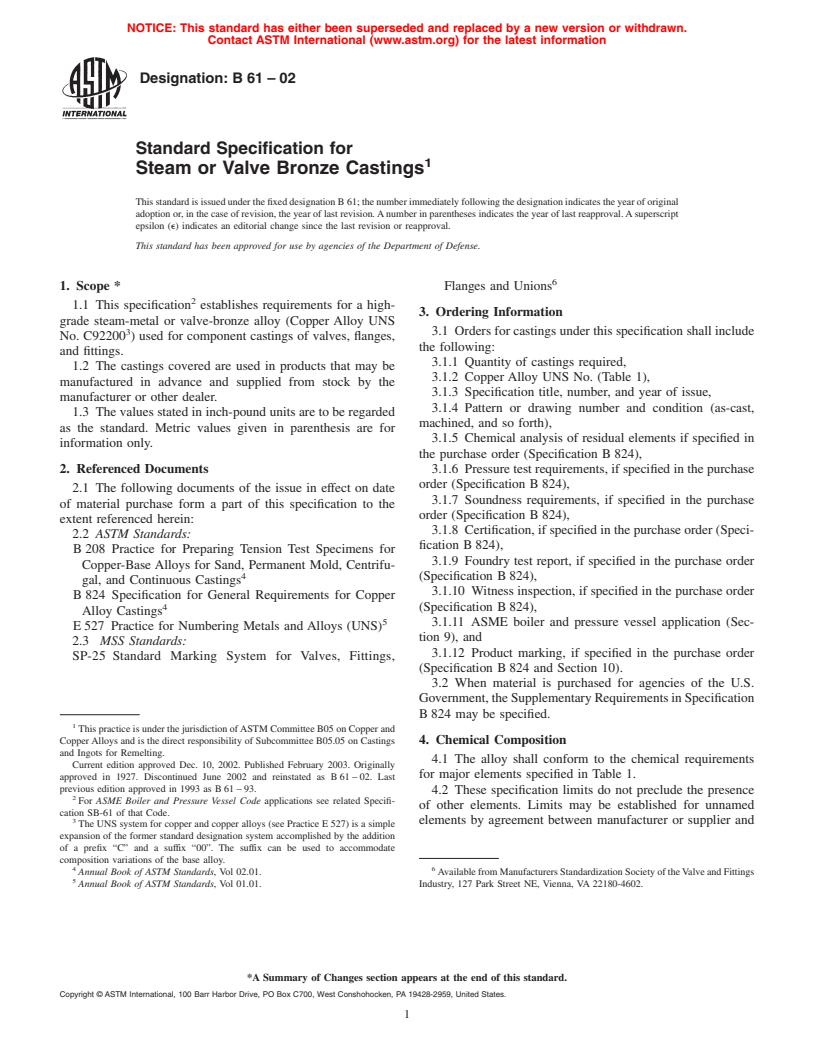 ASTM B61-02 - Standard Specification for Steam or Valve Bronze Castings