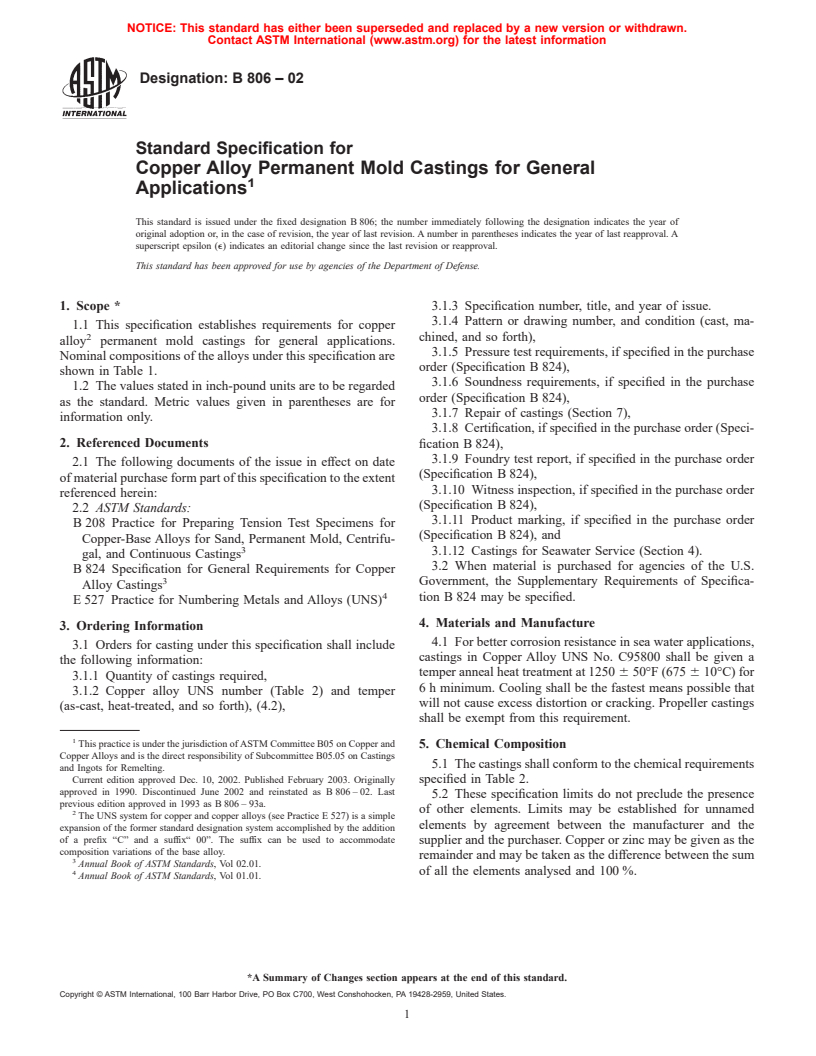 ASTM B806-02 - Standard Specification for Copper Alloy Permanent Mold Castings for General Applications