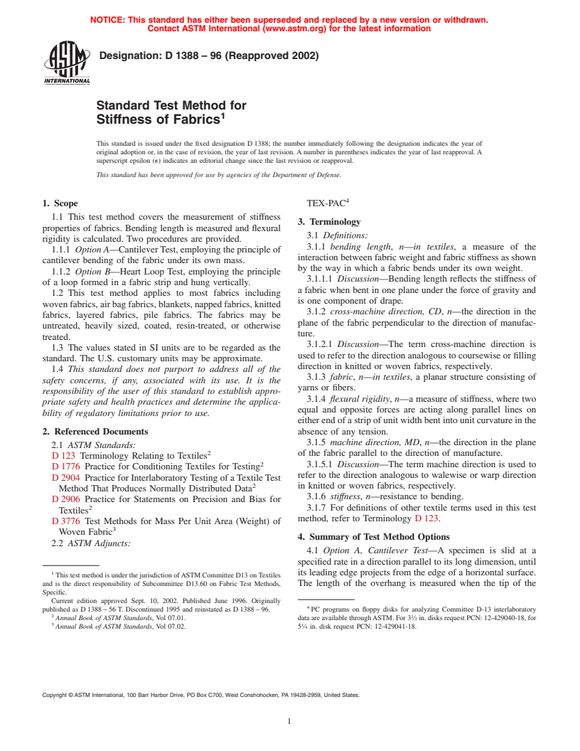 ASTM D1388-96(2002) - Standard Test Method for Stiffness of Fabrics