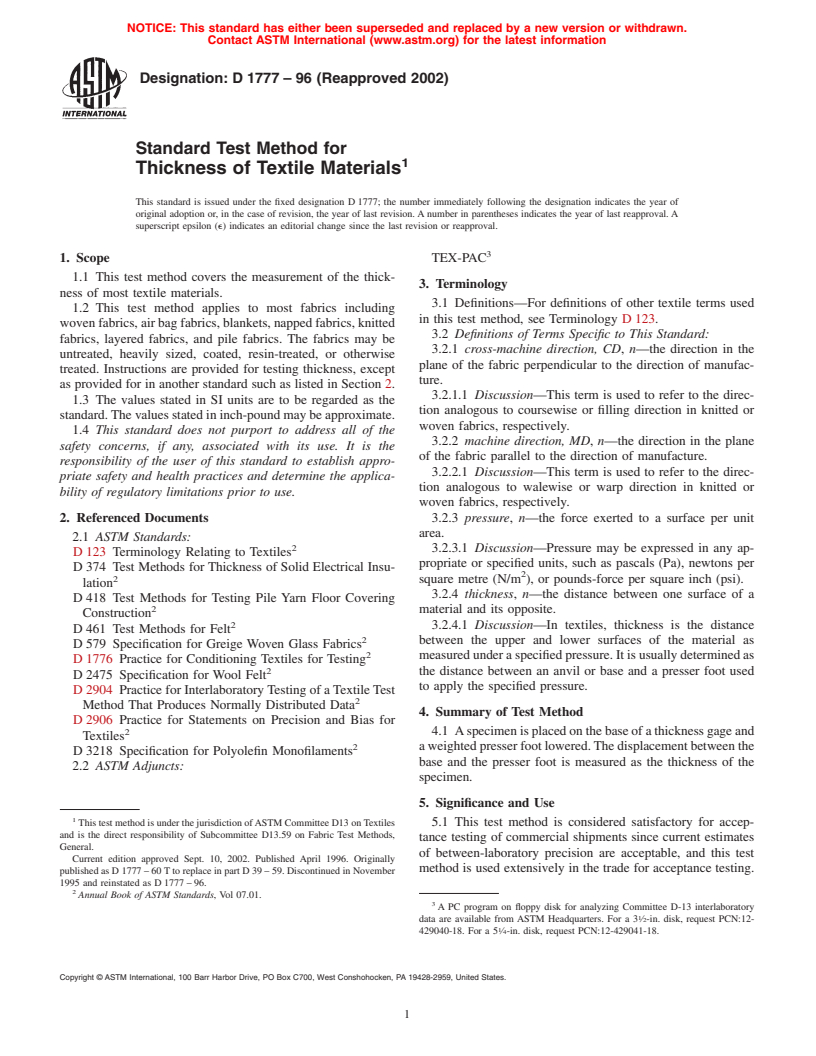 ASTM D1777-96(2002) - Standard Test Method for Thickness of Textile Materials