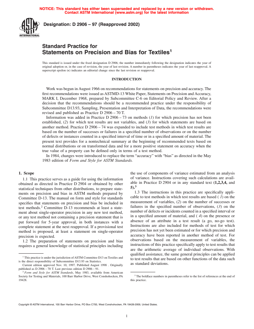 ASTM D2906-97(2002) - Standard Practice for Statements on Precision and Bias for Textiles (Withdrawn 2008)