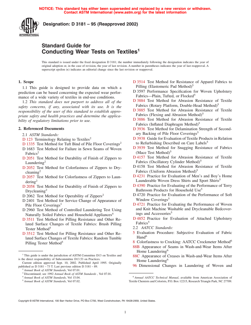 ASTM D3181-95(2002) - Standard Guide for Conducting Wear Tests on Textiles