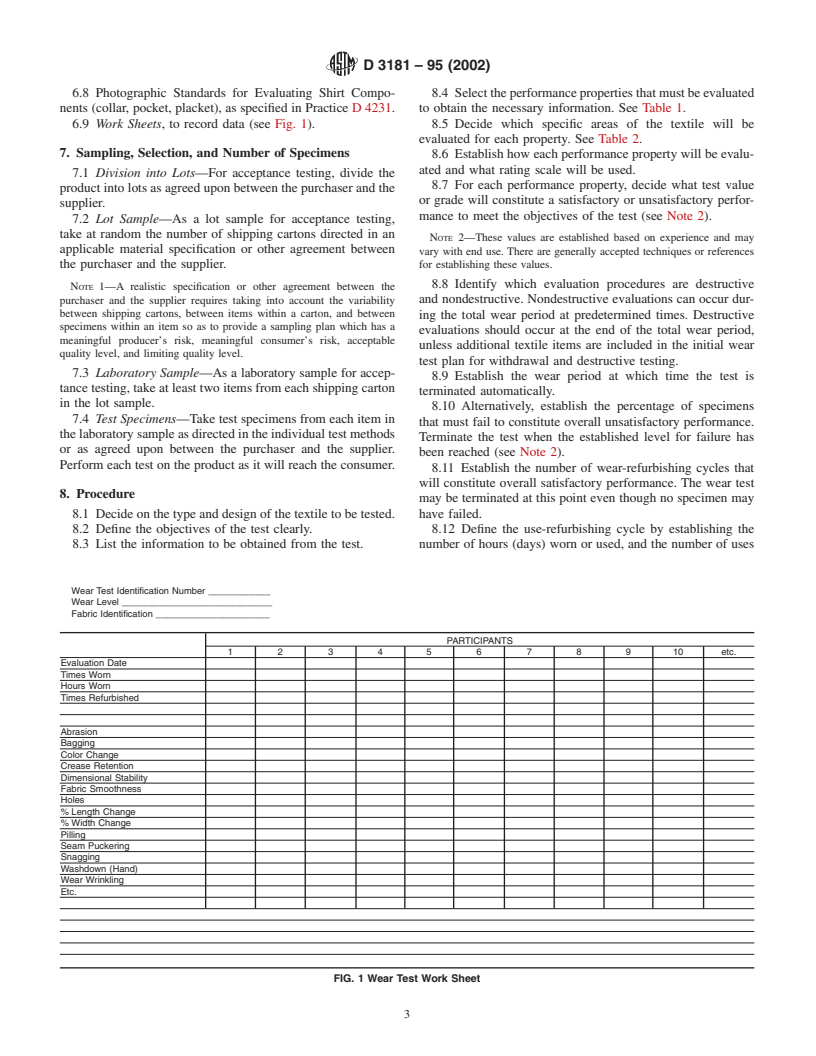 ASTM D3181-95(2002) - Standard Guide for Conducting Wear Tests on Textiles