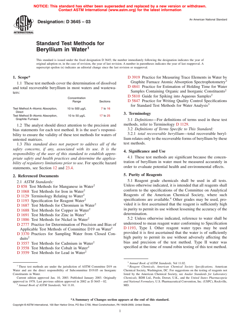 ASTM D3645-03 - Standard Test Methods for Beryllium in Water