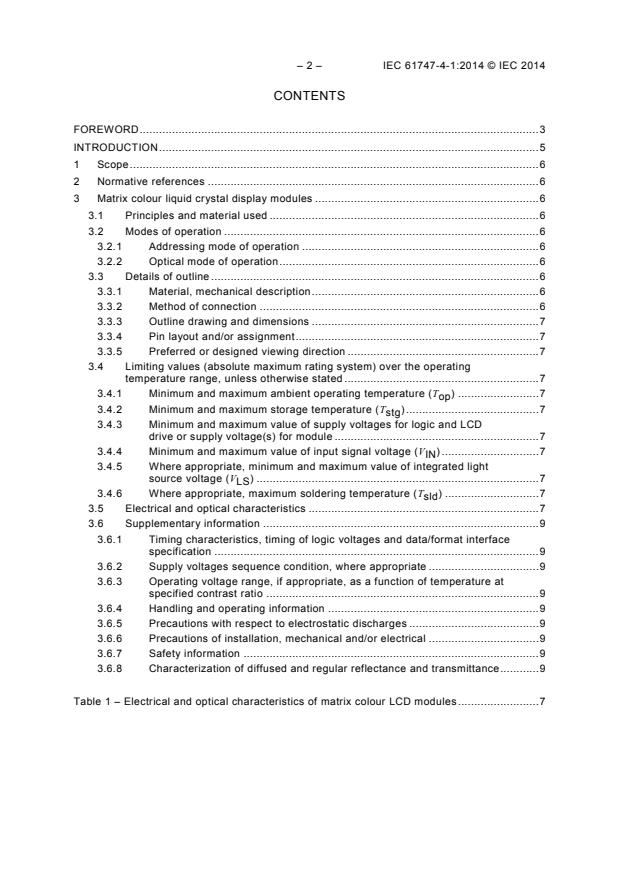 IEC 61747-4-1:2014 IEC 61747-4-1:2014 - Liquid crystal display devices - Part 4-1: Matrix colour LCD modules - Essential ratings and characteristics - Page 4 preview