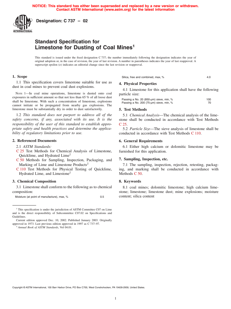 ASTM C737-02 - Standard Specification for Limestone for Dusting of Coal Mines