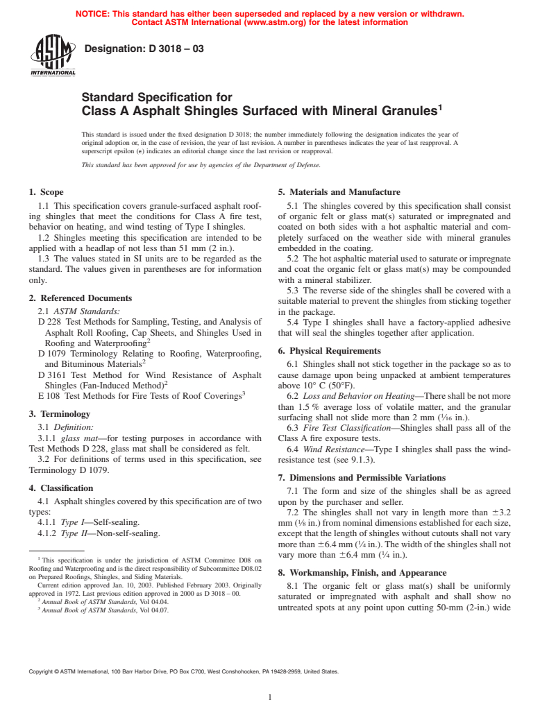 ASTM D3018-03 - Standard Specification for Class A Asphalt Shingles Surfaced with Mineral Granules