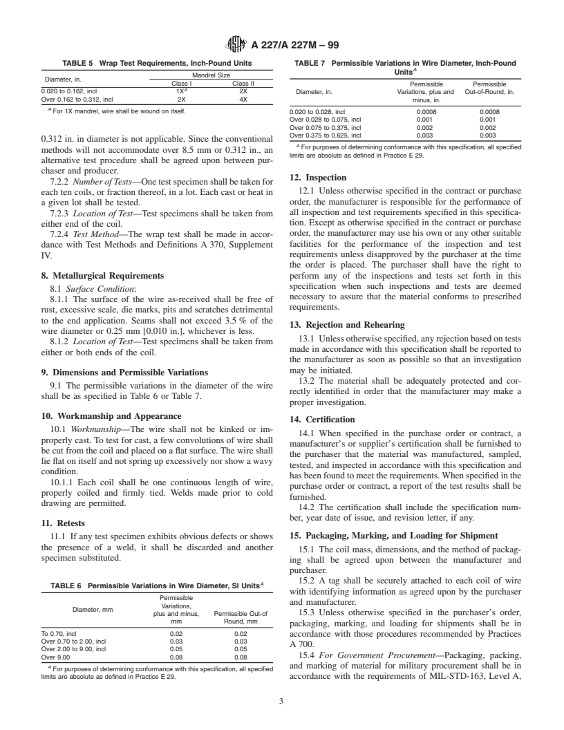 ASTM A227/A227M-99 - Standard Specification for Steel Wire, Cold-Drawn for Mechanical Springs