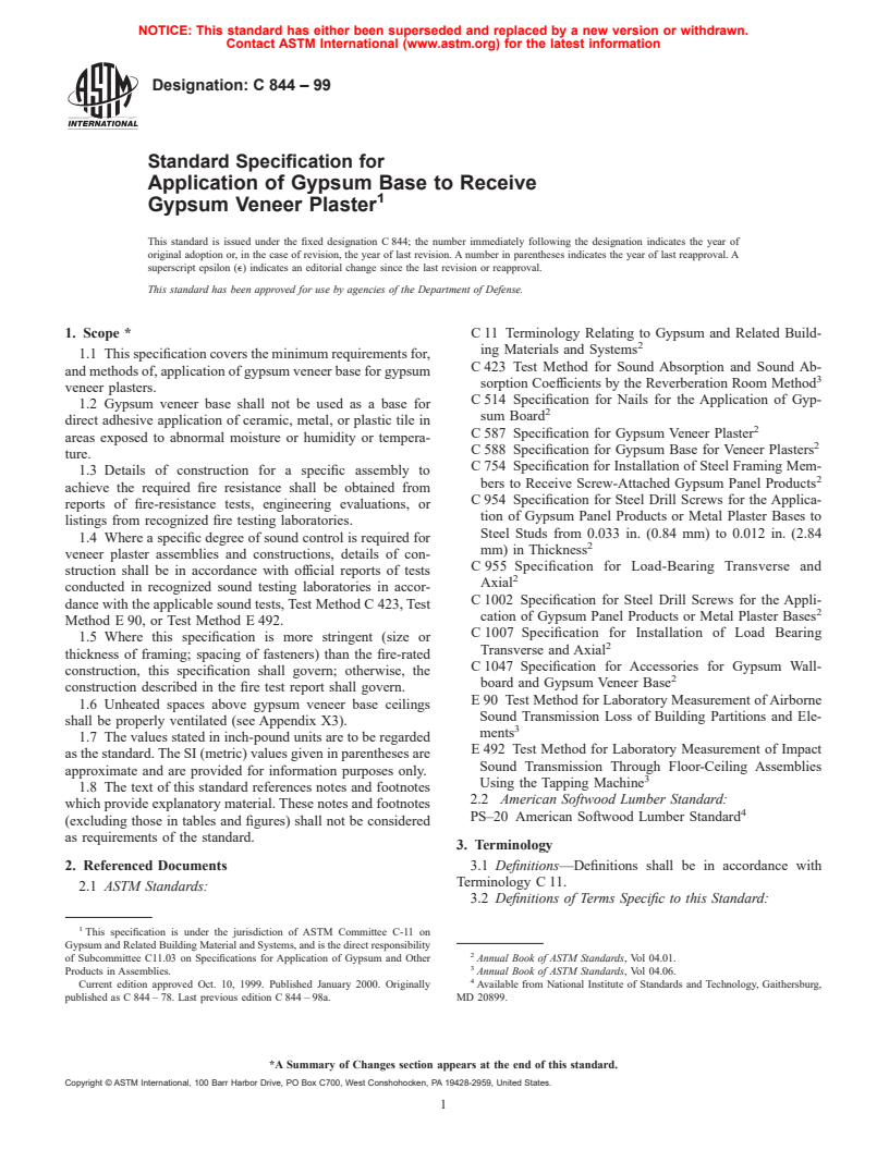 ASTM C844-99 - Standard Specification for Application of Gypsum Base to Receive Gypsum Veneer Plaster