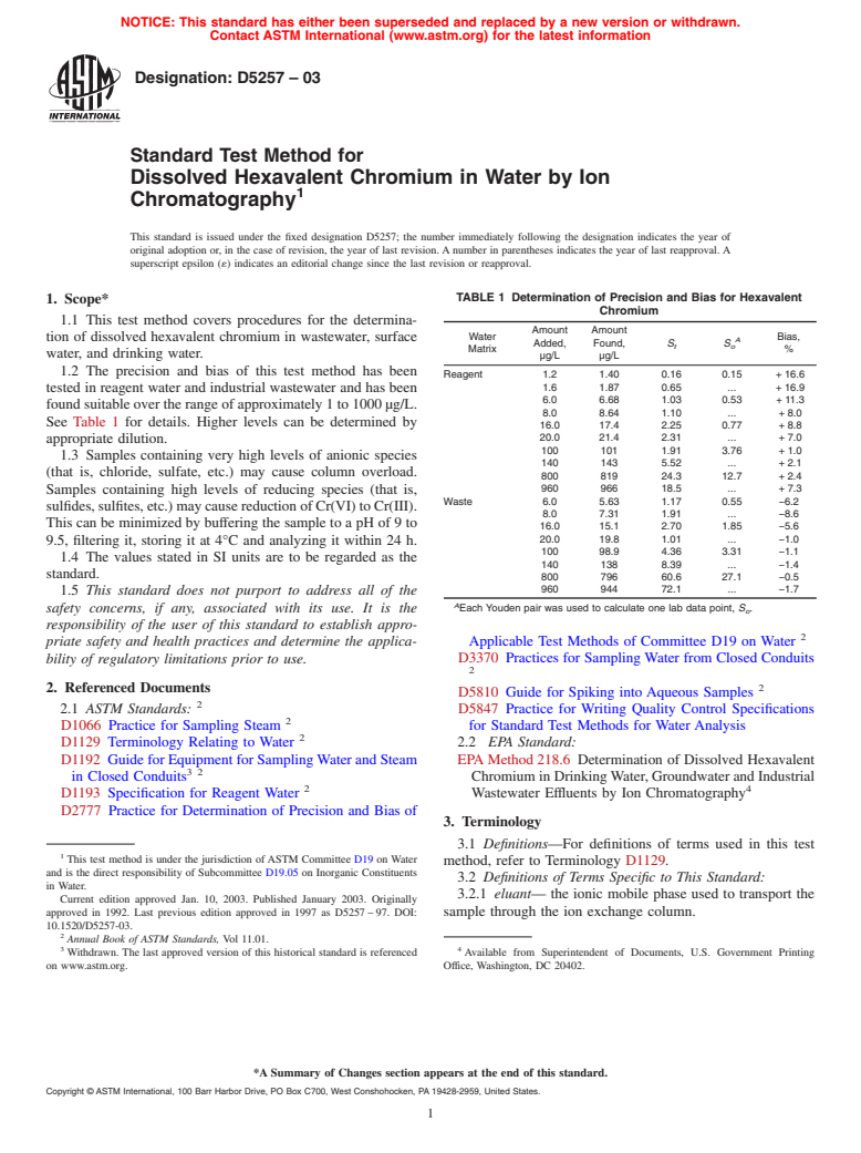 ASTM D5257-03 - Standard Test Method for Dissolved Hexavalent Chromium in Water by Ion Chromatography