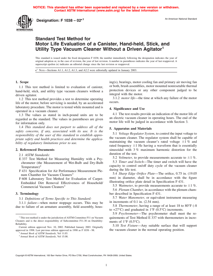 ASTM F1038-02e1 - Standard Test Method for Motor Life Evaluation of a Canister, Hand-held, Stick, and Utility Type Vacuum Cleaner Without a Driven Agitator