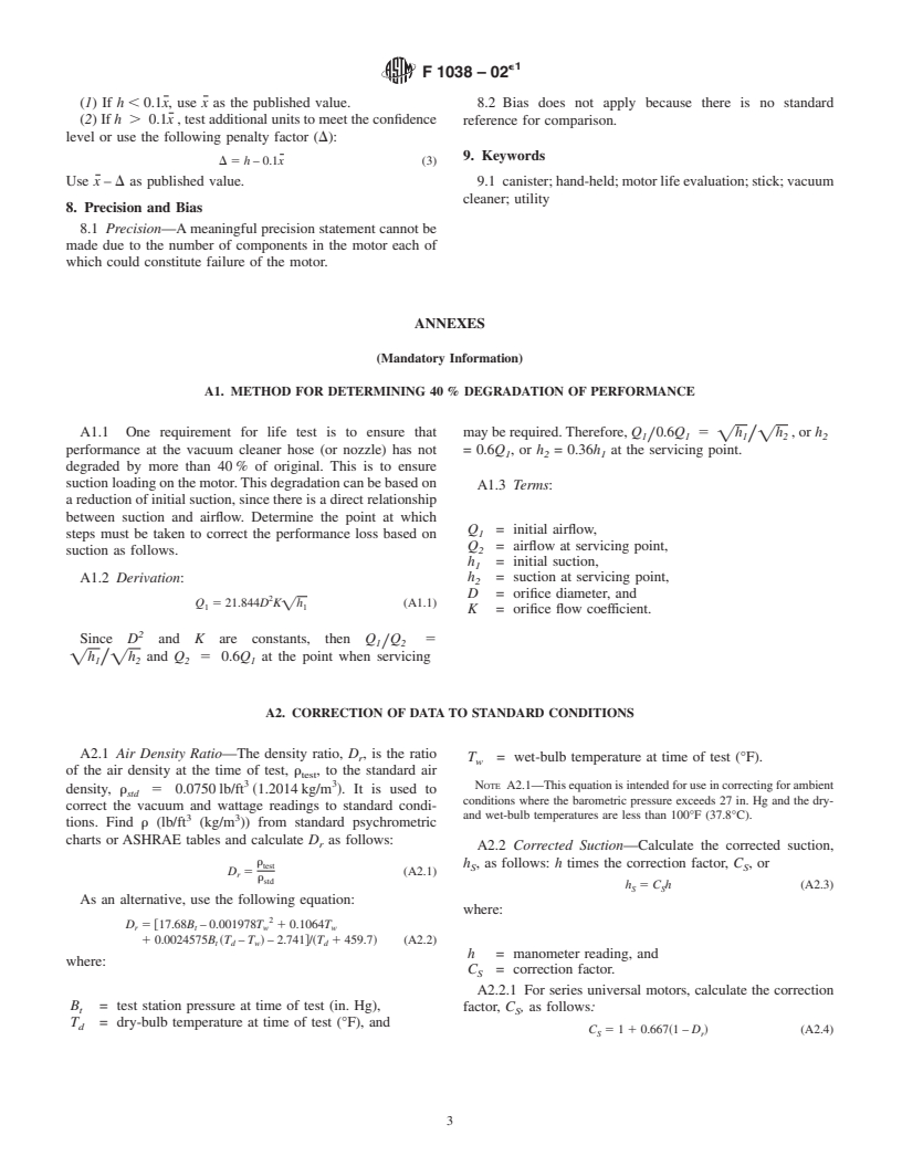 ASTM F1038-02e1 - Standard Test Method for Motor Life Evaluation of a Canister, Hand-held, Stick, and Utility Type Vacuum Cleaner Without a Driven Agitator