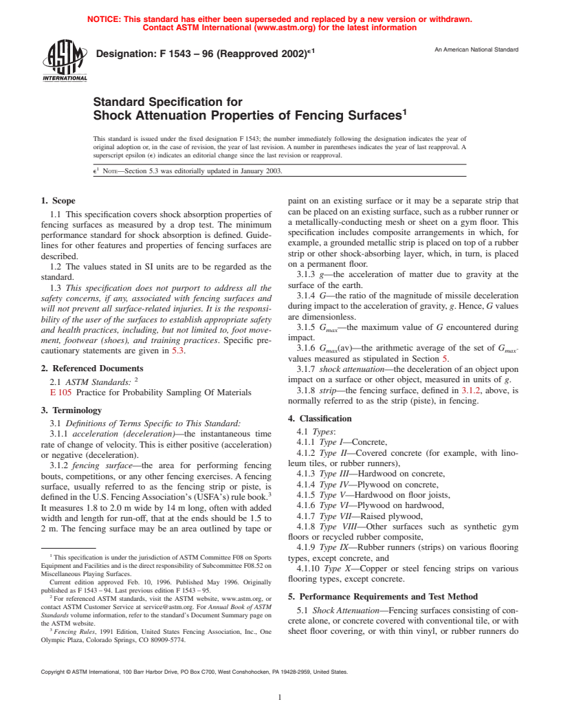 ASTM F1543-96(2002)e1 - Standard Specification for Shock Attenuation Properties of Fencing Surfaces