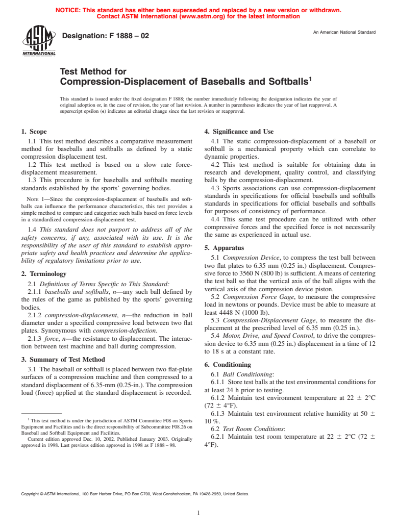 ASTM F1888-02 - Test Method for Compression-Displacement of Baseballs and Softballs