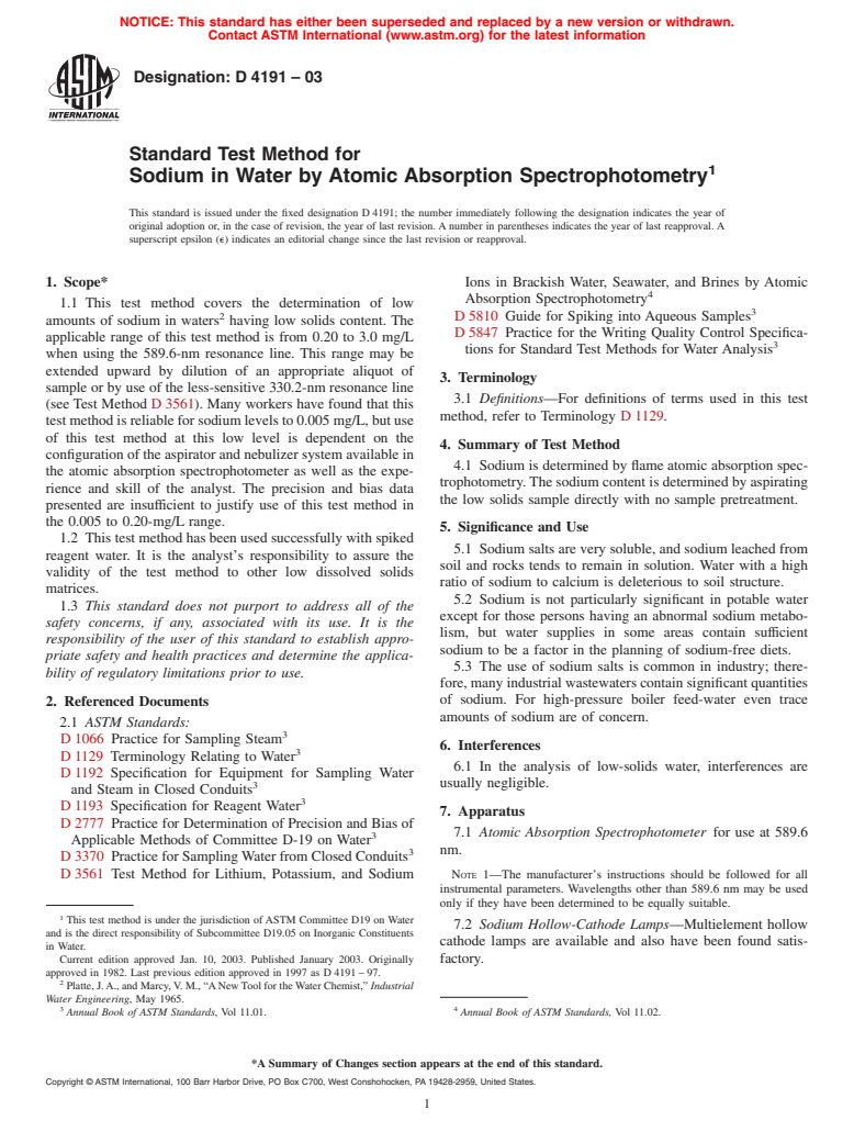 ASTM D4191-03 - Standard Test Method for Sodium in Water by Atomic Absorption Spectrophotometry