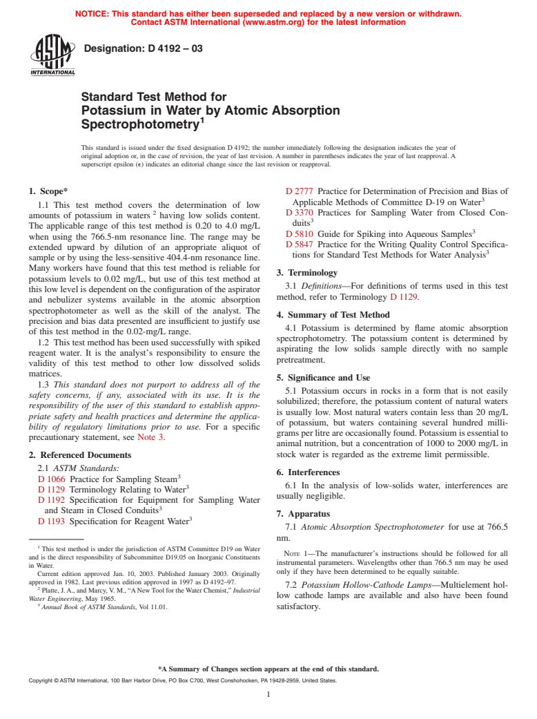 ASTM D4192-03 - Standard Test Method for Potassium in Water by Atomic Absorption Spectrophotometry