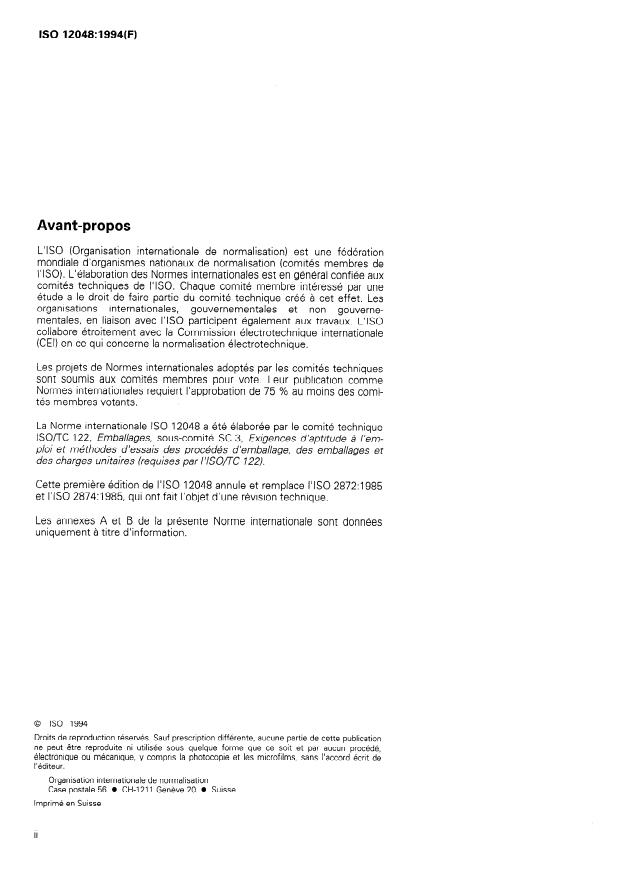 ISO 12048:1994 ISO 12048:1994 - Emballages -- Emballages d'expédition complets et pleins -- Essais de compression et de gerbage a l'aide d'une machine d'essai de compression - Page 2 preview