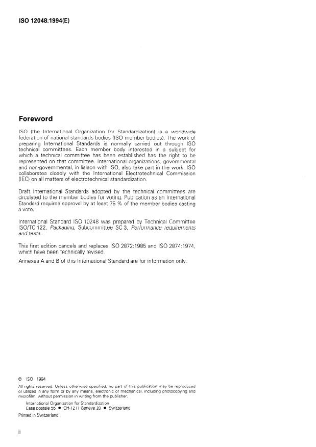 ISO 12048:1994 ISO 12048:1994 - Packaging -- Complete, filled transport packages -- Compression and stacking tests using a compression tester - Page 2 preview
