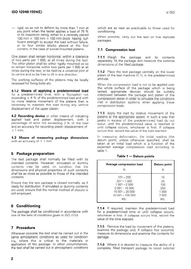 ISO 12048:1994 ISO 12048:1994 - Packaging -- Complete, filled transport packages -- Compression and stacking tests using a compression tester - Page 4 preview