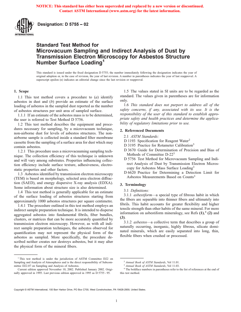 ASTM D5755-02 - Standard Test Method for Microvacuum Sampling and Indirect Analysis of Dust by Transmission Electron Microscopy for Asbestos Structure Number Concentrations