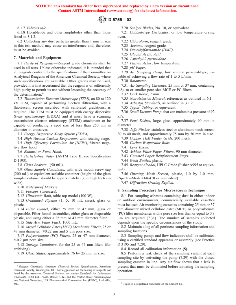 ASTM D5755-02 - Standard Test Method for Microvacuum Sampling and Indirect Analysis of Dust by Transmission Electron Microscopy for Asbestos Structure Number Concentrations