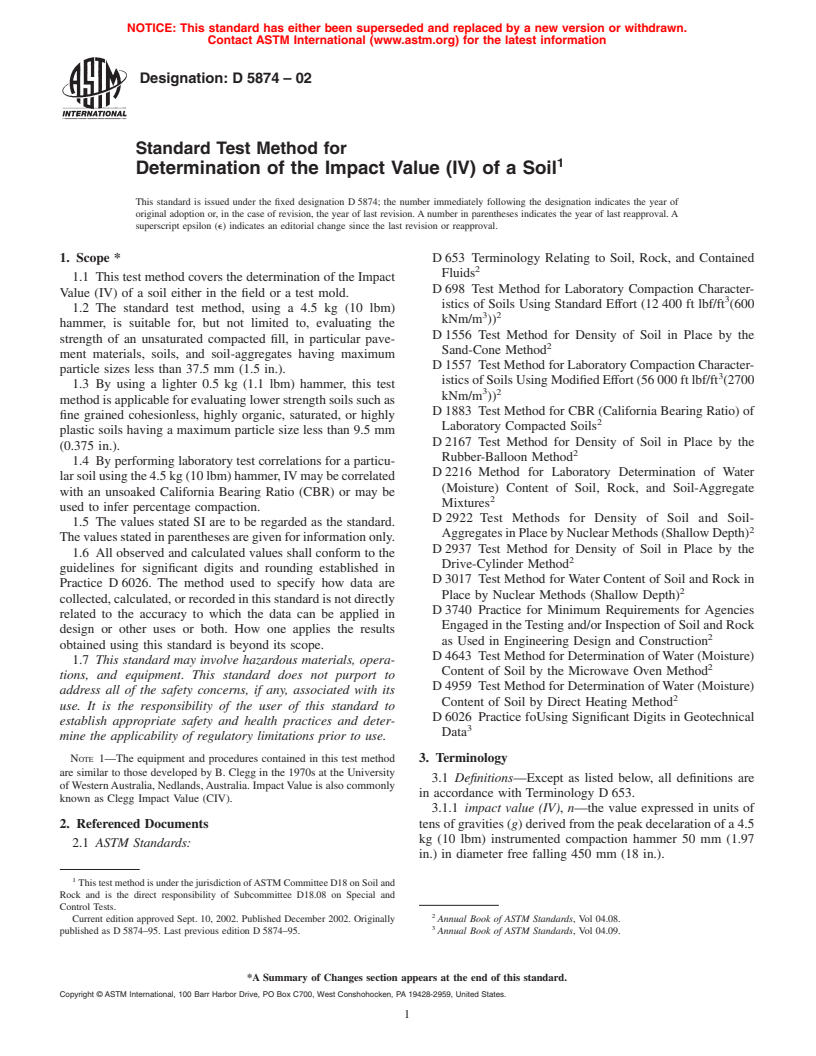 ASTM D5874-02 - Standard Test Method for Determination of the Impact Value (IV) of a Soil