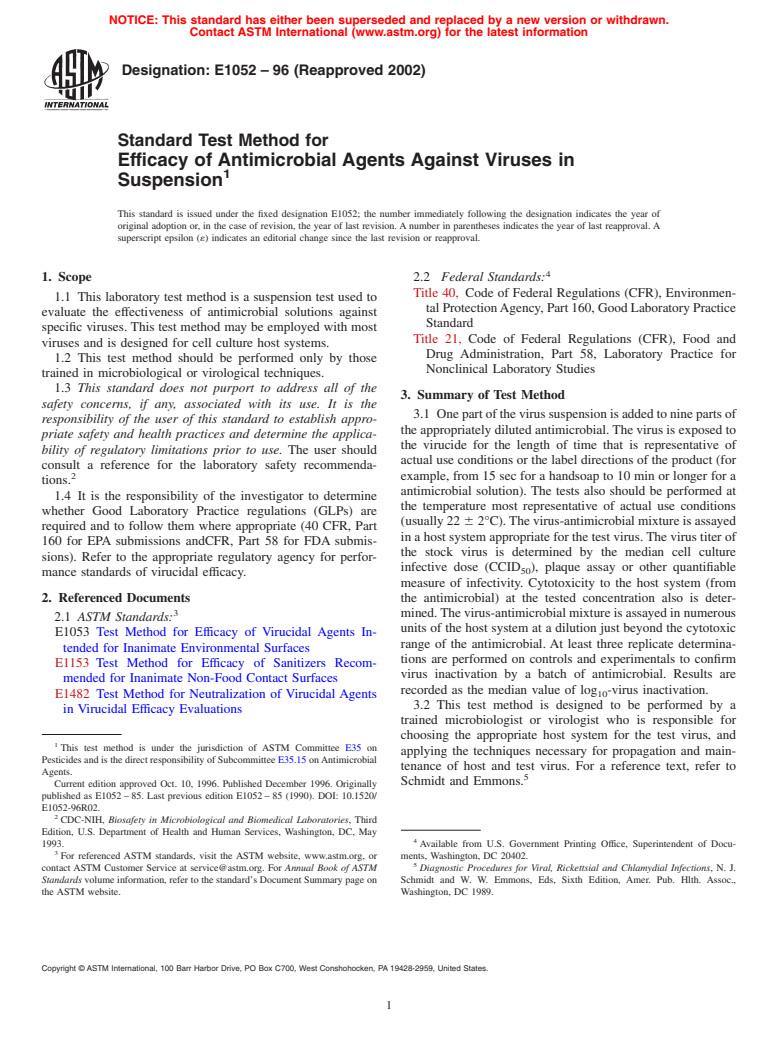 ASTM E1052-96(2002) - Standard Test Method for Efficacy of Antimicrobial Agents Against Viruses in Suspension (Withdrawn 2011)