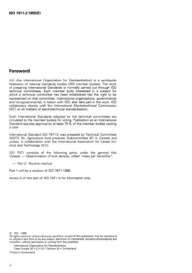 ISO 7971-2:1995 ISO 7971-2:1995 - Cereals -- Determination of bulk density, called "mass per hectolitre" - Page 2 preview