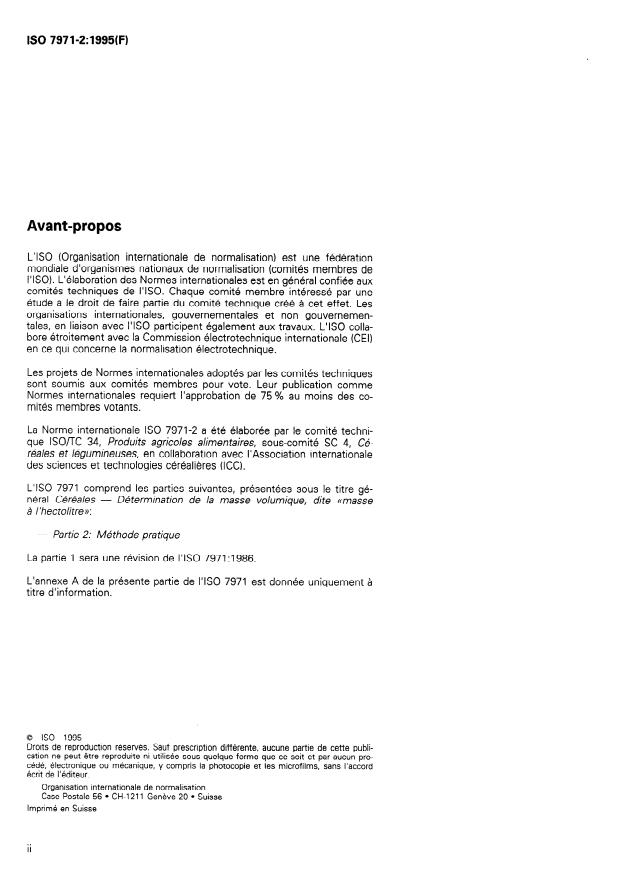 ISO 7971-2:1995 ISO 7971-2:1995 - Céréales -- Détermination de la masse volumique, dite "masse a l'hectolitre" - Page 2 preview