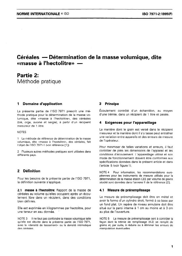ISO 7971-2:1995 - Céréales -- Détermination de la masse volumique, dite "masse a l'hectolitre"