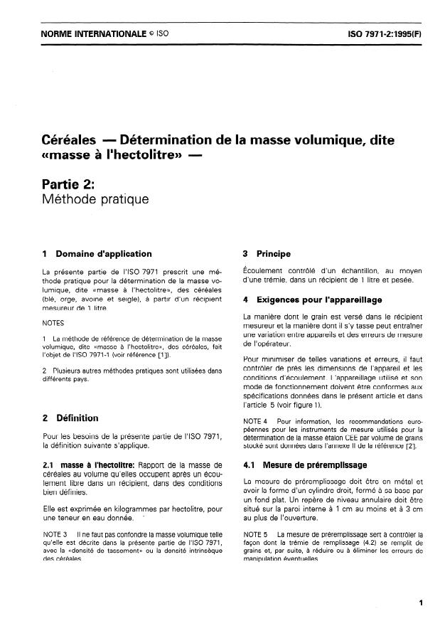 ISO 7971-2:1995 - Céréales -- Détermination de la masse volumique, dite "masse a l'hectolitre"