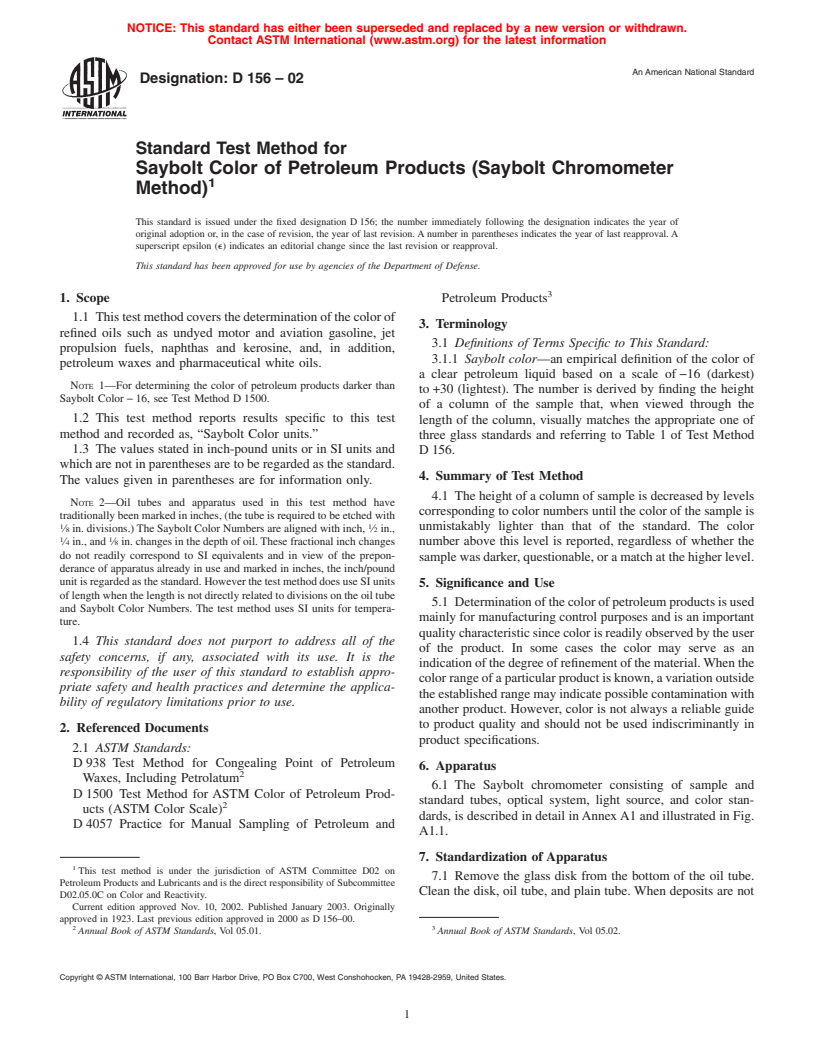 ASTM D156-02 - Standard Test Method for Saybolt Color of Petroleum Products (Saybolt Chromometer Method)