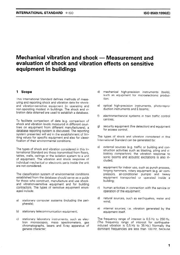 ISO 8569:1996 - Mechanical vibration and shock -- Measurement and evaluation of shock and vibration effects on sensitive equipment in buildings