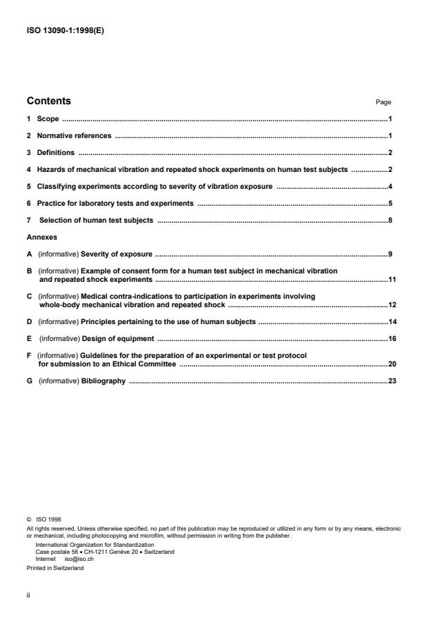 ISO 13090-1:1998 ISO 13090-1:1998 - Mechanical vibration and shock -- Guidance on safety aspects of tests and experiments with people - Page 2 preview