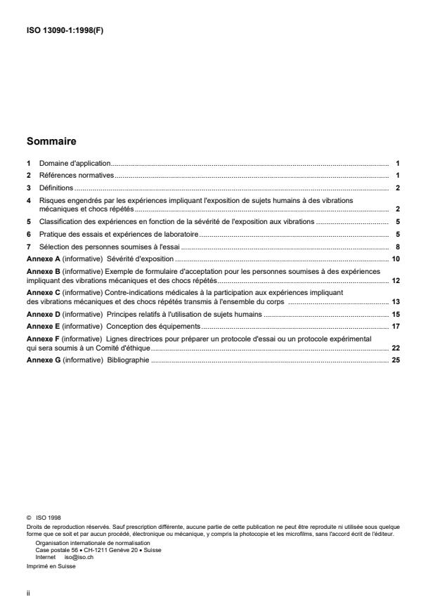ISO 13090-1:1998 ISO 13090-1:1998 - Vibrations et chocs mécaniques -- Lignes directrices concernant les aspects de sécurité des essais et des expérimentations réalisés sur des sujets humains - Page 2 preview