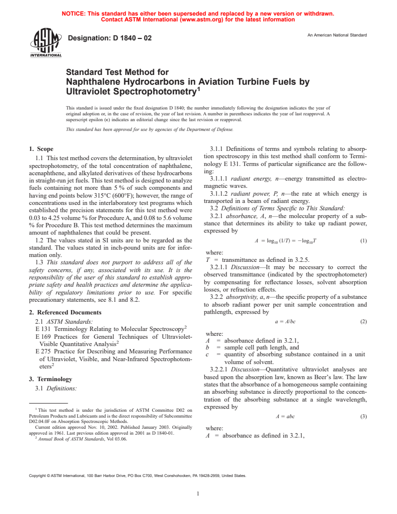 ASTM D1840-02 - Standard Test Method for Naphthalene Hydrocarbons in Aviation Turbine Fuels by Ultraviolet Spectrophotometry