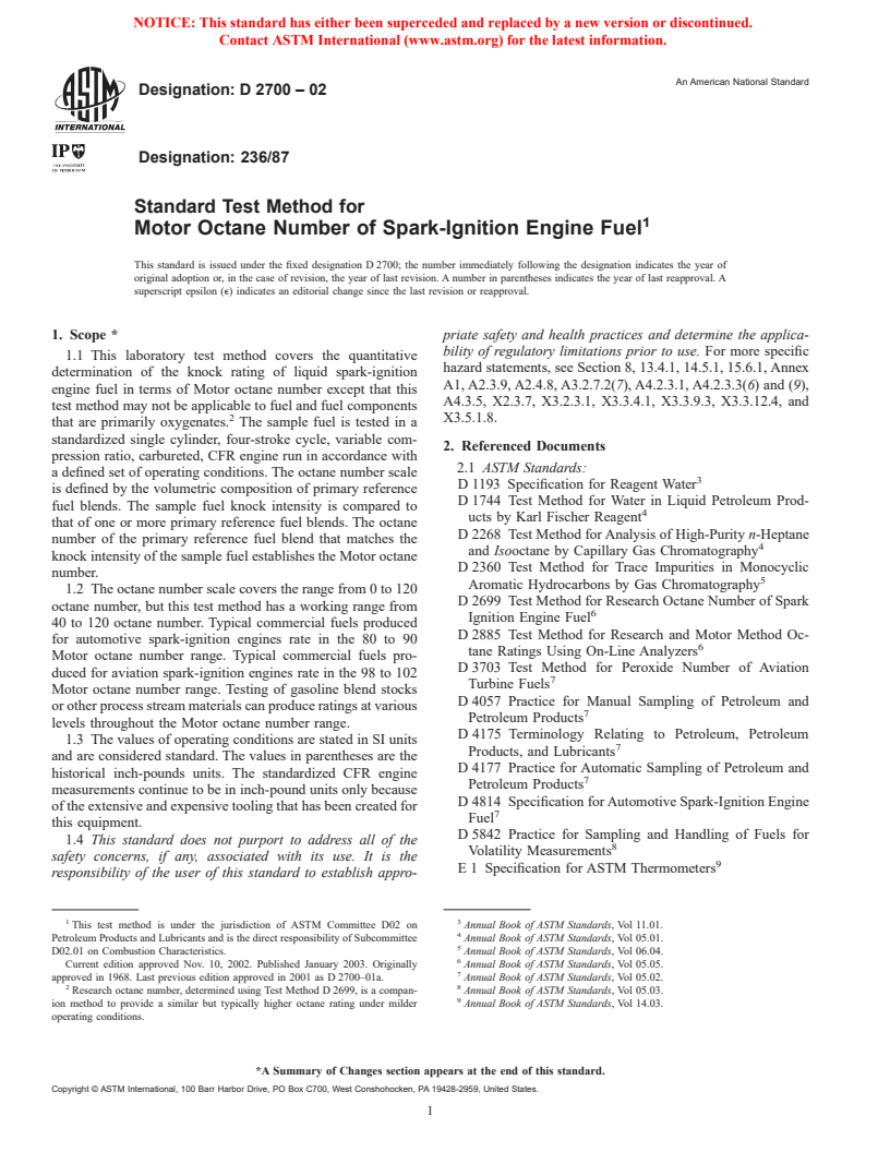 ASTM D2700-02 - Standard Test Method for Motor Octane Number of Spark-Ignition Engine Fuel