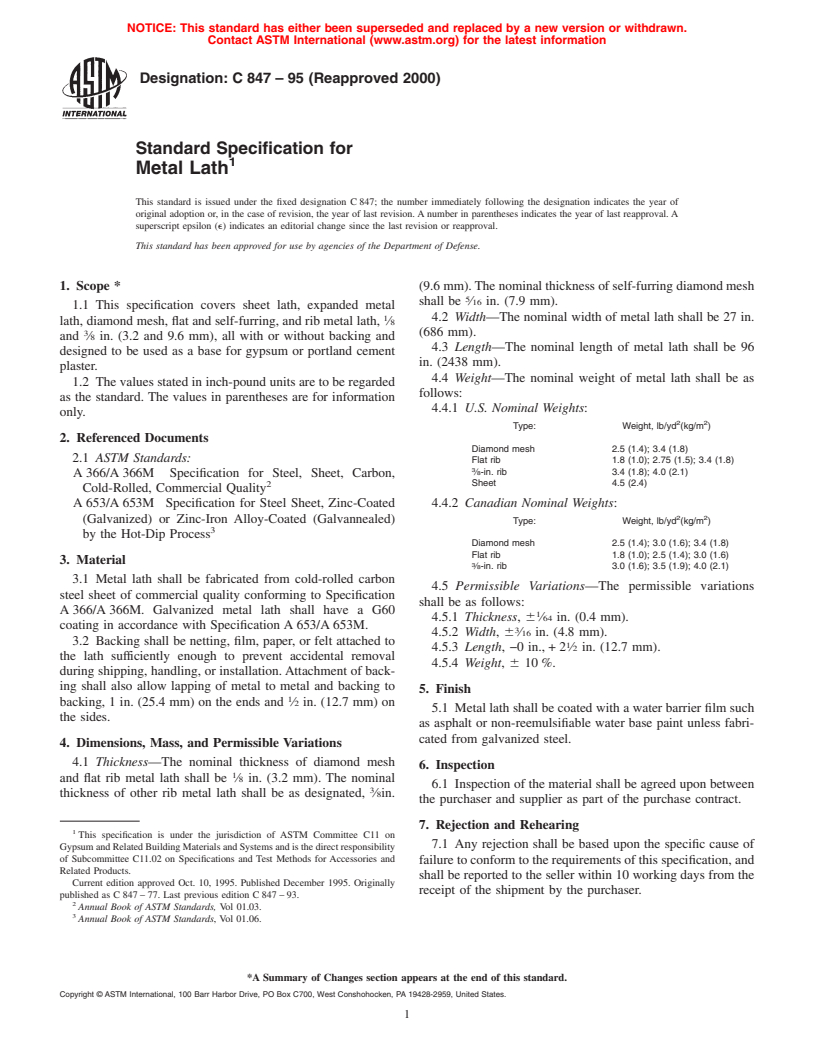 ASTM C847-95(2000) - Standard Specification for Metal Lath