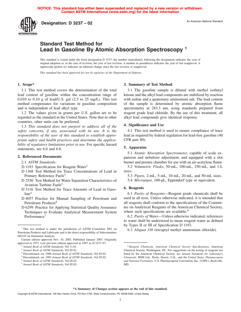 ASTM D3237-02 - Standard Test Method for Lead In Gasoline By Atomic Absorption Spectroscopy