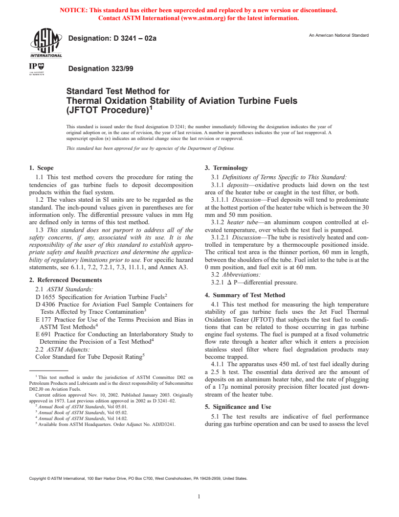 ASTM D3241-02a - Standard Test Method for Thermal Oxidation Stability of Aviation Turbine Fuels (JFTOT Procedure)