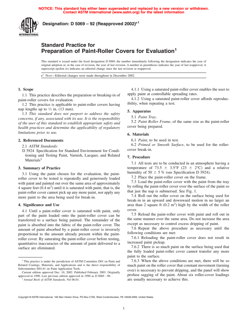 ASTM D5069-92(2002)e1 - Standard Practice for Preparation of Paint-Roller Covers for Evaluation