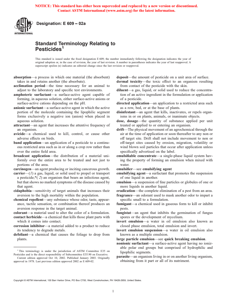 ASTM E609-02a - Standard Terminology Relating to Pesticides
